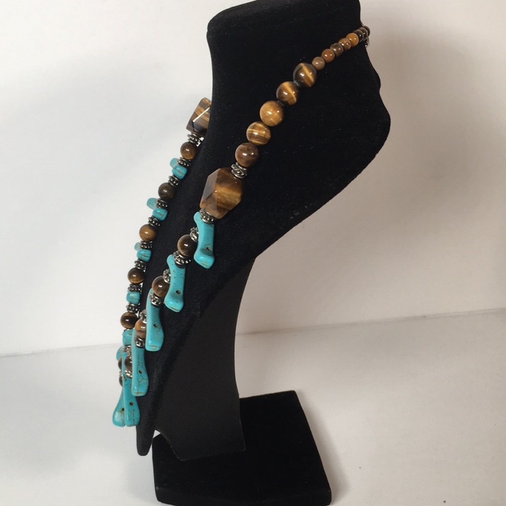 Beautiful Turquoise Colored Howlite and Tiger Eye Beaded Necklace for Women - Picture 5 of 7